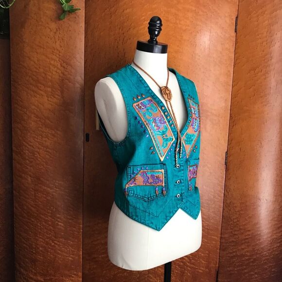 VINTAGE 80’s Acid Wash Southwestern Denim Vest S - Picture 5 of 14